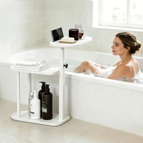 3 Layer Bathtub Tray Table,Bamboo Swivel Bathtub Side Table Height Adjustable,Freestanding Bathtub Tray for Tub Against Wall,Bathtub Accessories&Bathroom Organizer for Luxury Home Spa (White) - color: White
