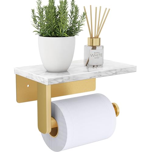 Gypie Toilet Paper Holder with Marble Shelf, Wall Mounted Gold | Stainless Steel Screw, Tissue Roll Paper Holder Dispenser for Bathroom Washroom - color: Gold
