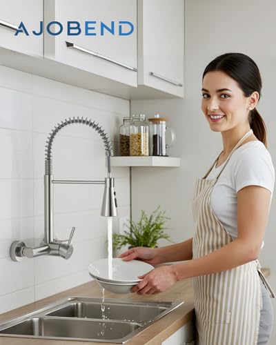 Wall Mount Kitchen Faucet Single Handles, 8 Inch Center Wall Commercial Utility Sink Faucet with Pull Out Sprayer 3 Modes, Stainless Steel, Brushed Nickel - color: Single Handle-Nickel, style: Wall Mount