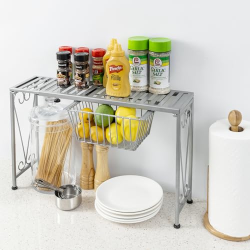 MyGift Silver Metal Over The Sink Organizer Shelf with Pull Out Drawer, Expandable Kitchen Caddy Rack, Bathroom Storage Shelf Riser with Scrollwork Design - color: Silver