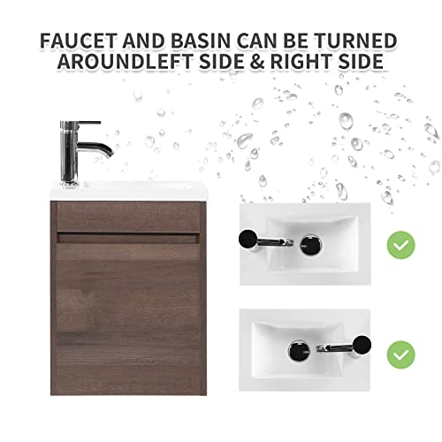 wonline 16” Bathroom Vanity Sink Combo for Small Space Wall Mounted Cabinet Set Design White Resin Basin Sink Top Chrome Faucet Wood Color - color: Brown