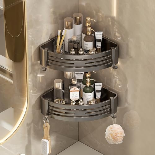 Corner Shower Caddy, Adhesive Shower Corner Organizer Shelves with Hooks,No Drilling Shower Shelves for Bathroom Kitchen 2 Pack - color: Grey-Corners-2pack