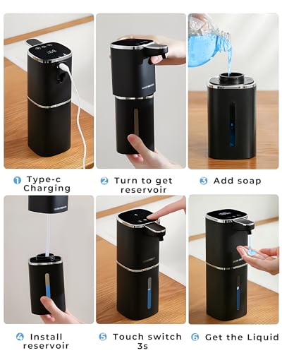 Automatic Soap Dispenser, USB Rechargeable, Touchless & Wall/Tabletop | 13.5oz/400mL, 9-Level Adjustable, IPX5 Waterproof，Compatible with Thick Thin Dish Soap for Kitchen Bathroom, Black - color: Black, style: Liquid