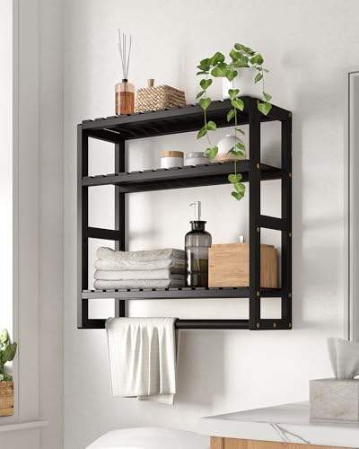 Galood Over The Toilet Storage Bathroom Shelves Wall Mounted 3 Tier Black | Space Saver Corner Shelf Organizer Bamboo Towel Rack Toilet Paper Cabinet with Hanging Rod - color: Black 1pack, size: Standard
