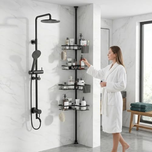 Tension Pole Shower Caddy, 4-Tier Corner Organizer with Hooks & Side Boxes, Thickened Carbon Steel No-Drill Standing Bathroom Storage for Tub & Shower