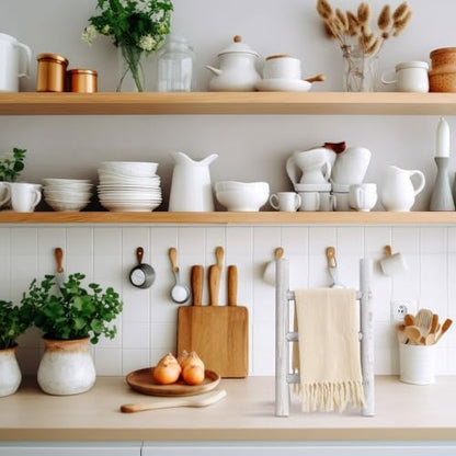 Cinnvoice 2 Pcs Wooden Tea Towel Ladder Rustic Hand Towel Stand Rack Mini Countertop Towel Stand Farmhouse Wood Counter Towel Holder for Bathroom Country Kitchen Office (White) - color: White