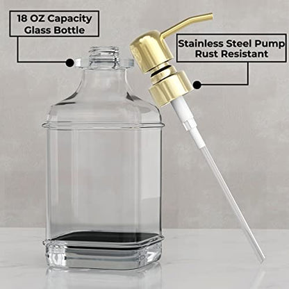 GLADPURE Soap Dispenser - 2 Pack, 18 Oz Antique Design Thick Glass Hand Soap Dispensers; with 304 Rust Proof Stainless Steel Pump, 6Pcs Clear Stickers, for Kitchen, Bathroom - Gold - color: Gold
