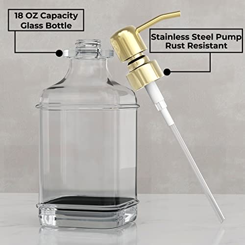 GLADPURE Soap Dispenser - 2 Pack, 18 Oz Antique Design Thick Glass Hand Soap Dispensers; with 304 Rust Proof Stainless Steel Pump, 6Pcs Clear Stickers, for Kitchen, Bathroom - Gold - color: Gold