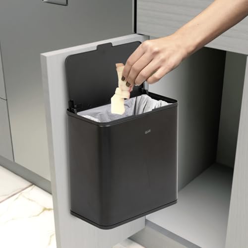 Glad Roomate Under Counter Trash Can - Space Saving Stainless Steel Waste Bin with Dual Lid and Clorox Protection - Small Black Trash Can for Kitchen Cabinet, Under Sink, or Bathroom, 1.5 Gallon (6L) - color: 6 Liter Black Stainless