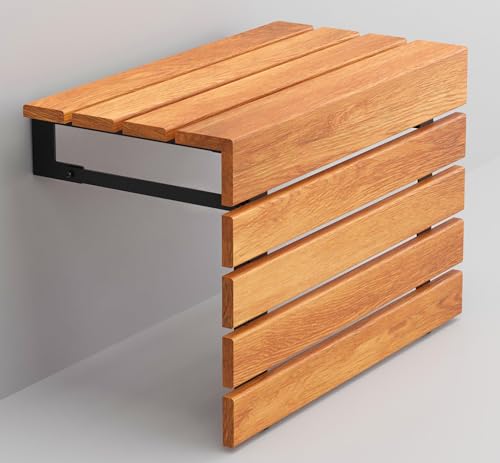 20" Folding Wall Mounted Handmade Teak Wood Large Shower Seat with Legs, ADA Compliant Durable Bath Bench, Sturdy Space-Saving Bathroom Stool, Water-Resistant Compact Chair (Natural, Extra Large) - color: Natural