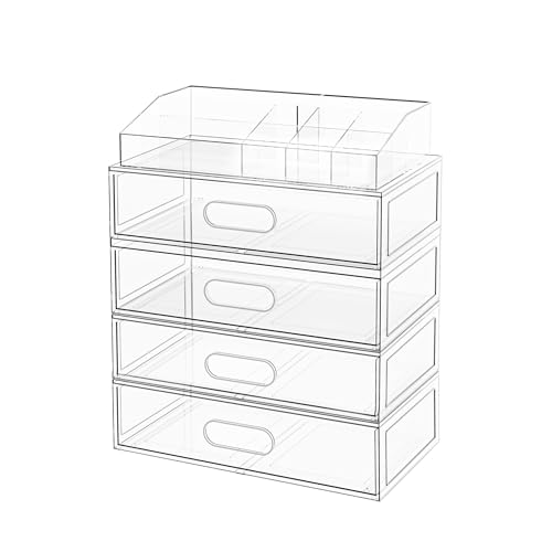Clear Stackable Makeup Organizer with Drawer, 12''W Acrylic Storage Drawers | Cosmetic Display Case for Vanity Bathroom Countertop Drawers, Beauty Holder for Lipstick Brush Skincare Perfume - size: 5 Pack