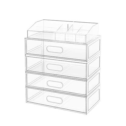 Clear Stackable Makeup Organizer with Drawer, 12''W Acrylic Storage Drawers | Cosmetic Display Case for Vanity Bathroom Countertop Drawers, Beauty Holder for Lipstick Brush Skincare Perfume - size: 5 Pack