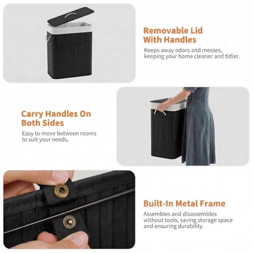 GarveeHome Folding Bamboo Laundry Hamper with Lid, 27.5 Gallon Wooden Laundry Basket with Washable Liner Bag, Slim Clothes Storage Hamper for Small Bedrooms Apartments Dorms (Black - Rectangle) - color: Black - Rectangle