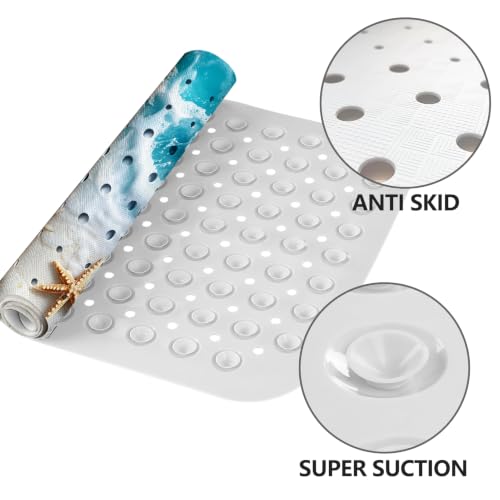 LNOND Summer Beach Bathtub Mat Non Slip, 40 X 16 Inch Tub Mat for Bathroom, Blue Waves Bath Tub Shower Mat with Drain Holes and Suction Cups - color: Blue Waves Bathtub Mat