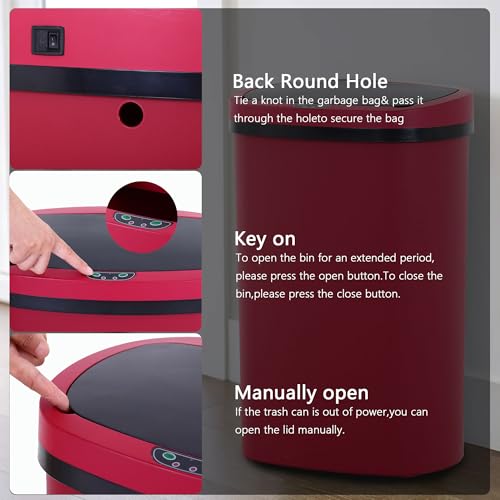 13 Gallon Trash Can,Soft Close Large Garbage Can with Lid,Automatic Indoor Smart Trashcans for Kitchen,Waterproof Trashcans for Kitchen,Touch-Free Trash Can,RED - color: Red, style: 1 piece