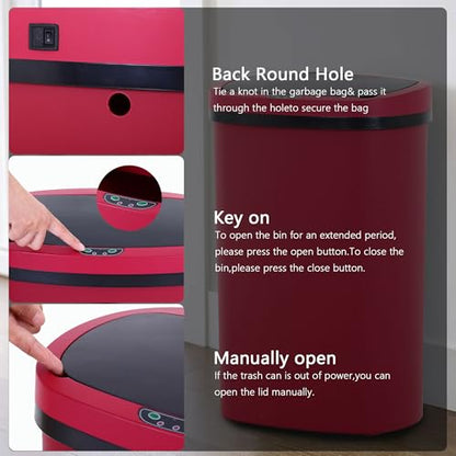13 Gallon Trash Can,Soft Close Large Garbage Can with Lid,Automatic Indoor Smart Trashcans for Kitchen,Waterproof Trashcans for Kitchen,Touch-Free Trash Can,RED - color: Red, style: 1 piece