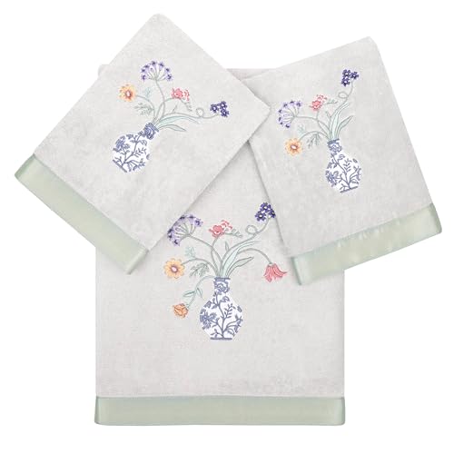 Floret 3-Piece Towel Set, Applique Flower & Vase Design, 100% Turkish Cotton, Ultra Absorbent & Soft, Cottage Style Decor, 1 Bath 2 Hand Towels, Silver - color: Silver, size: 1 Pc Bath 2 Pcs Hand Towel