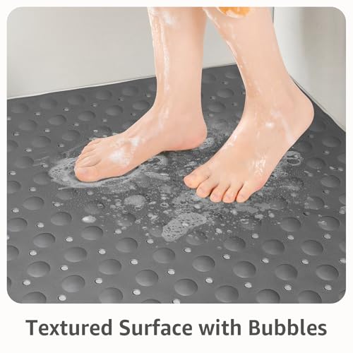 Yolife Large Corner Shower Mat, 25.6" x 25.6" Non Slip Shower mats for Inside Shower, Shower Mat with Drain Hole, Machine Washable Shower Floor Mat, Bathtub Mat Non Slip with Suction Cups, Grey