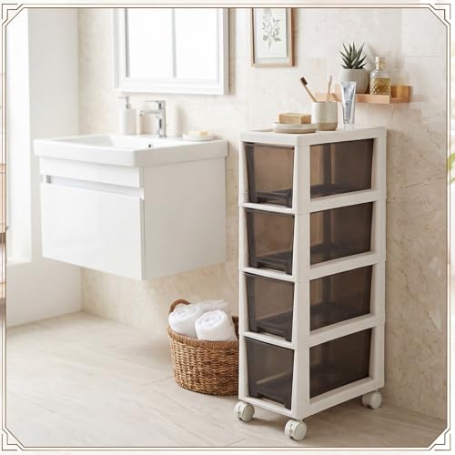 Huwena Plastic Slim 4 Drawers Narrow Storage Cart 28" x 15" x 7.5" Bathroom Narrow Drawer Cabinet with Wheel Container for Small Space Laundry Kitchen Office Bedroom Closets Under Desk
