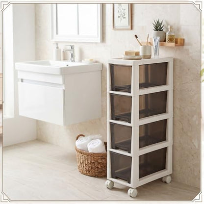 Huwena Plastic Slim 4 Drawers Narrow Storage Cart 28" x 15" x 7.5" Bathroom Narrow Drawer Cabinet with Wheel Container for Small Space Laundry Kitchen Office Bedroom Closets Under Desk