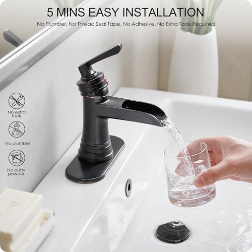Brass Oil Rubbed Bronze Bathroom Faucet Waterfall Bathroom Sink Faucet 1 Hole or 4 Inch 3 Hole, Single Handle with Deck Plate, Pop-up Drain, cUPC Supply Lines for Vanity, 5 Mins Quick Install - color: Oil Rubbed Bronze