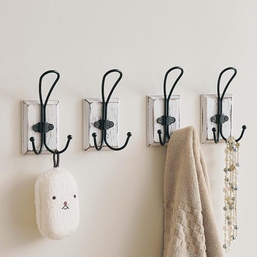 4 Pack Farmhouse Towel Hooks for Bathrooms, Heavy Duty Adhesive Mounted & Wall Mount Rustic Farmhouse Decorative Wood Wall Hooks for Hanging Towel Robe Coat (White) - color: White