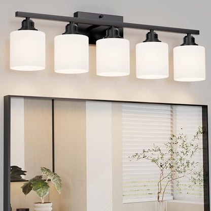 5-Light Bathroom Light Fixtures Over Mirror, Matte Black Vanity Lights, Modern Bathroom Vanity Light, Glass Shade & Anti-Rust Nickel Finished, Bathroom Light for Small Space - color: Black-5 Light