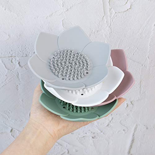 AUEAR, 4 Pack Lotus Flowers Soap Dish with Drain Silicone Holder Non-Slip Flexible Tray for Bathroom Shower - color: White & Grey & Green & Pink, size: 4 Pack
