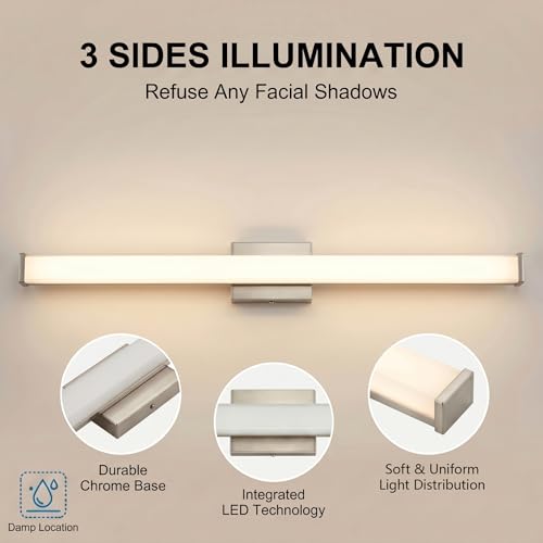 URSOLA 48" Modern LED Bathroom Light Fixtures, Brushed Nickel 3CCT Dimmable Bathroom Vanity Light Over Mirror, Bathroom Vanity Bath Bar Lights with Double Layer Acrylic Shade - color: Brushed Nickel, size: 48inch