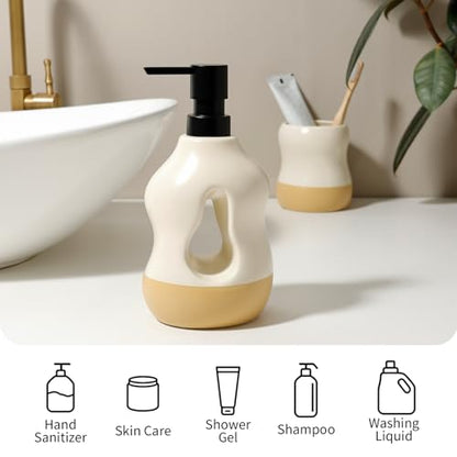 BosilunLife Ceramic Soap Dispenser - Soap Pump Dispenser Bathroom Kitchen Modern Farmhouse Elegant Refillable Soap Dispenser Lotion Hand Pump Dispenser for Kitchen Sink (Beige with Sand Base, 15oz) - color: Beige With Sand Base