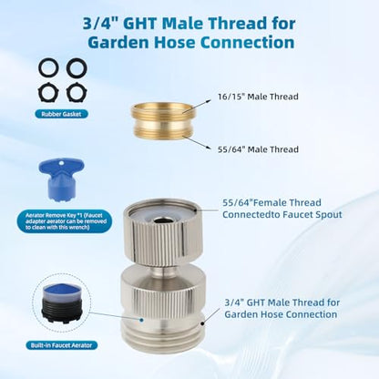 Hibbent Swivel Faucet Adapter Kit, Solid Brass 3/4" Garden Hose Connector, 360 Degree Kitchen Sink Faucet Adapter for Female & Male to Male, Brushed Nickel - color: Brushed Nickel, style: Female Thread