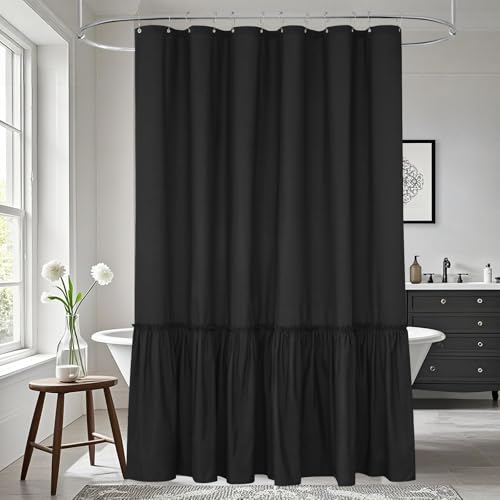 Seenus Soft Microfiber Ruffle Shower Curtain with Waterproof TPU Backed, 72 x 84 Inch Extra Long French Country Ruched Black Shower Curtain, 2 in 1 Washable Fabric Shower Curtain with TPU Lining - color: Ruffled - Black, size: 72"W x 84"L (Pack of 1)