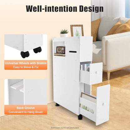 Narrow Bathroom Storage Cabinet with Wheels and Drawers, Slim Toilet Side Floor Cabinet, White Bathroom Organizer with Toilet Paper Holder for Small Spaces