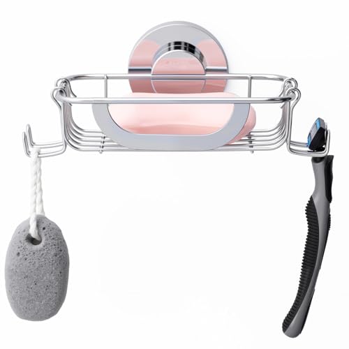 Soap Holder,Soap Dish,Suction Cup,with Hooks,Stainless Steel,Silver | bar soap holder,storage soap & sponge for bathroom,shower,kitchen,sink,wall mounted,no drilling removable waterproof - color: Silver-1 Tier