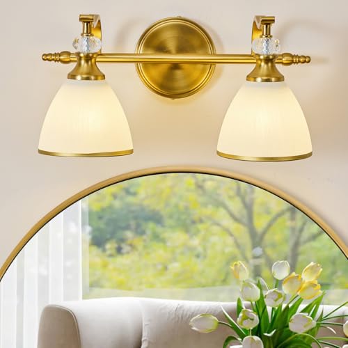 ANDY STAR Gold Vanity Light, 2-Light Brushed Gold Bathroom Light Fixtures, Vintage Bathroom Light with Milky White Bell Glass Shades, Eye-Friendly Wall Sconce for Mirror, Kitchen, Bedroom, Hallway - color: Gold, size: 2-Light