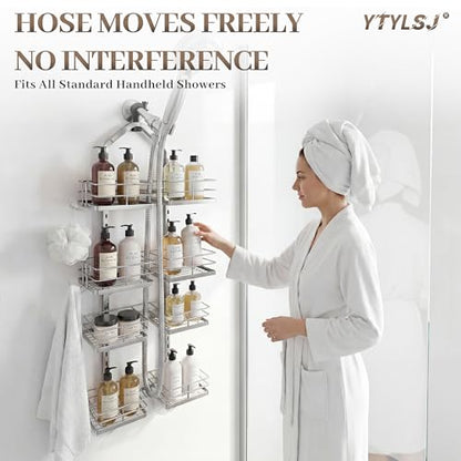 4-Tier Hanging Shower Caddy for Handheld Showerhead, Heavy-Duty Stainless Steel with Dual-Rotating Clamp, Silver - color: 4 Tier-Silver