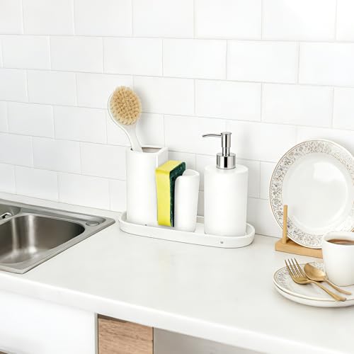 Ceramic Kitchen Sink Organizer Sponge Holder and Dish Brush Holder and Soap Tray for Kitchen Sink Organizer, White - color: White