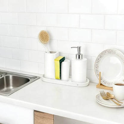 Ceramic Kitchen Sink Organizer Sponge Holder and Dish Brush Holder and Soap Tray for Kitchen Sink Organizer, White - color: White