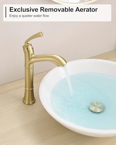 Brass Gold Vessel Sink Faucet, Tall Single Hole Bathroom Faucet for Vessel Sink Single Handle with Pop-Up Drain & Pre-Installed Hoses - color: Brushed Gold