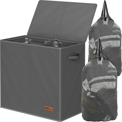 Simple Houseware Double Laundry Hamper with Lid & Removable Bags, Dark Gray | Heavy Duty 600D Polyester, Water-Resistant Surface - color: Dark Grey