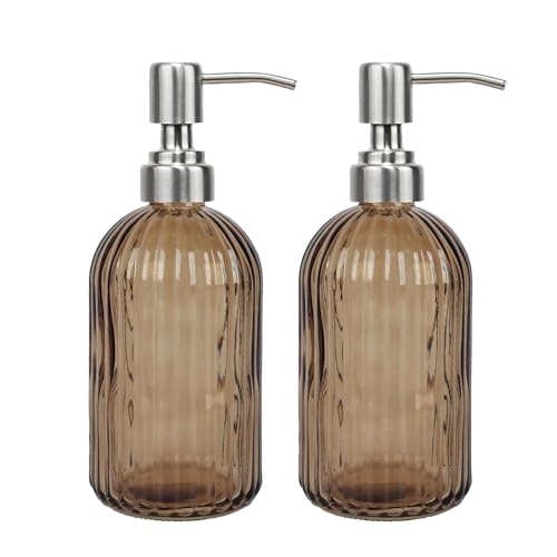 14Oz Brown Soap Dispenser Bathroom, 2 Pack, Stainless Steel Pump, Stripe | Clear Glass Hand Soap Dispensers, Refillable Dish Soap Dispenser for Kitchen, Countertop Soap Dispensers - color: Brown（2-pack）