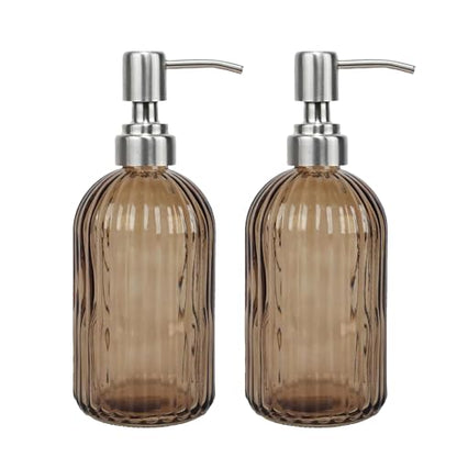 14Oz Brown Soap Dispenser Bathroom, 2 Pack, Stainless Steel Pump, Stripe | Clear Glass Hand Soap Dispensers, Refillable Dish Soap Dispenser for Kitchen, Countertop Soap Dispensers - color: Brown（2-pack）