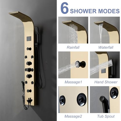 BWE Shower Panel Tower 304 Stainless Steel with 6 Body Jets and 2 Mist Sprays Polished Gold Rainfall Shower and Handheld Shower Shower System with Temperature Digital Display - color: Gold