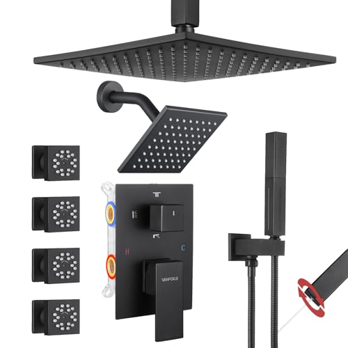 VANFOXLE Shower System, Matte Black Shower Faucet Set, Four Modes | 10 Inch Ceiling Mount Head Increased Thick, 6 Inch Second Head, 2-in-1 Handheld Combo, 4 PCS Dual Mode Body Jets, Brass Valve - color: Matte Black