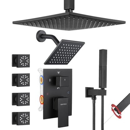 VANFOXLE Shower System, Matte Black Shower Faucet Set, Four Modes | 10 Inch Ceiling Mount Head Increased Thick, 6 Inch Second Head, 2-in-1 Handheld Combo, 4 PCS Dual Mode Body Jets, Brass Valve - color: Matte Black