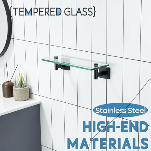 KOKOSIRI Bathroom Shelves Glass Floating Shelf 12-Inch for Bedroom, Living Room, Kitchen, Small Hanging Rack Rustproof Wall Mounted Black B1105BK-L12 - color: Matte Black, size: 12-Inch