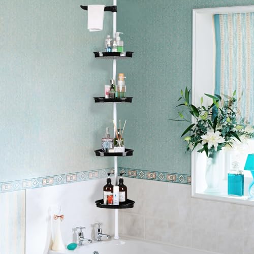 4-Tier Corner Shower Caddy Tension Pole with Adjustable Rust-Proof Shelves and Rubber Pad, No-Drill Bathroom Organizer for Bathtub and Shower Storage, Space-Saving Black and White Design - color: Black & White