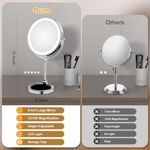 Tabletop Makeup Mirror with Built-in Vanity Tray, 9" Rechargeable 4000mAh Lighted Vanity Mirror 1X/10X Magnification, Height-Adjustable Arm, 3 Color Dimmable (9Inch Chrome) - color: 9inch Chrome