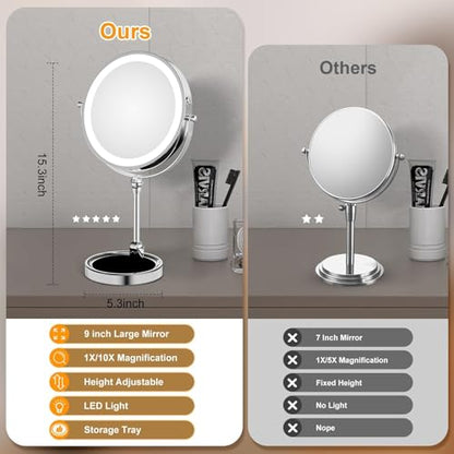 Tabletop Makeup Mirror with Built-in Vanity Tray, 9" Rechargeable 4000mAh Lighted Vanity Mirror 1X/10X Magnification, Height-Adjustable Arm, 3 Color Dimmable (9Inch Chrome) - color: 9inch Chrome
