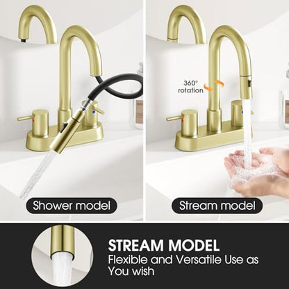 Brushed Gold Bathroom Faucet with Pull Out Sprayer, Dual-Function Spout Gold Bathroom Sink Faucets, 4 Inch Two Handle Utility Sink Faucet with Sprayer 3 Hole, Easy Pet Shower, RVs - color: Gold